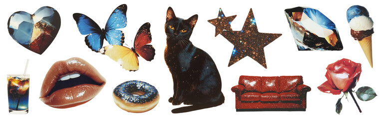 PNG Eclectic collage of vibrant objects, element set on transparent background