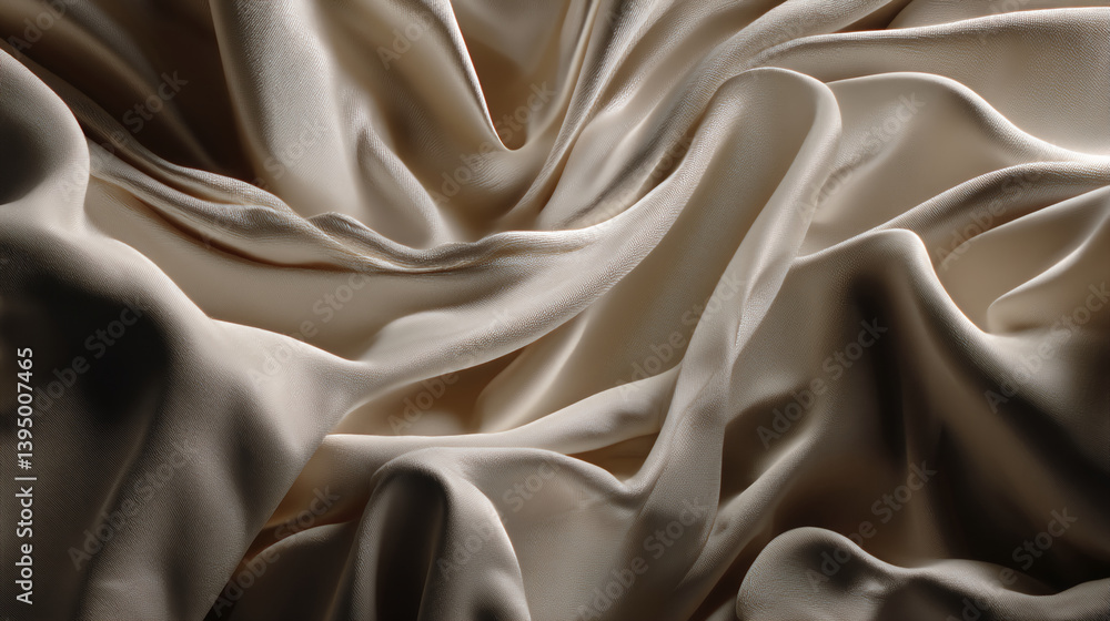 Poster beige fabric texture, soft folds and drapes create elegant waves, showcasing luxurious and smooth su