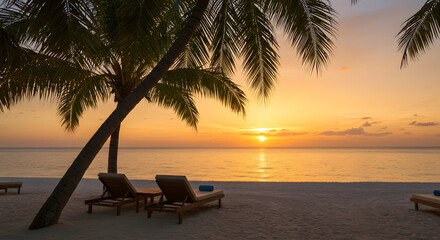 Fototapeta premium Relaxing Beach Chairs at Sunset with Palm Trees Framing Ocean View