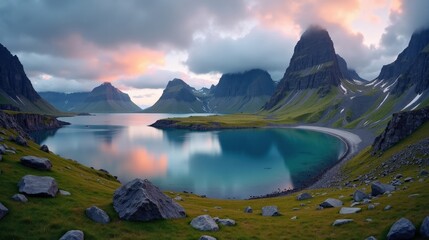 Stunning photo of Lofoten Islands, Norway, at dawn with cloudy skies, showing mountains and beaches, captured from a panoramic perspective.