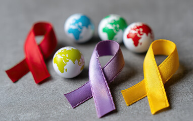 Empowering ribbons in vibrant colors connect with globe icons, symbolizing unity and awareness