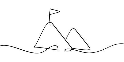 continuous line drawing of mountain peak symbol with flag. abstract line art illustration for your design