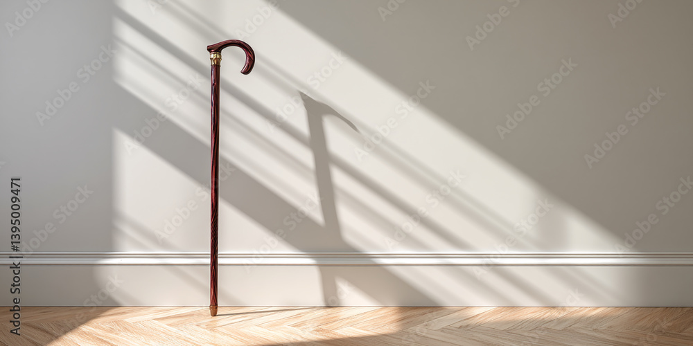 Poster wooden walking stick stands against a light wall, sunlight casting shadows on the floor and wall, sh