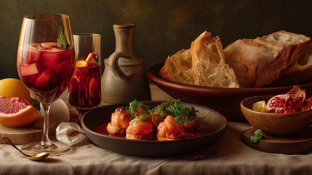 Still life food photography of sangria drinks bread and tapas for restaurant menu and food blog content