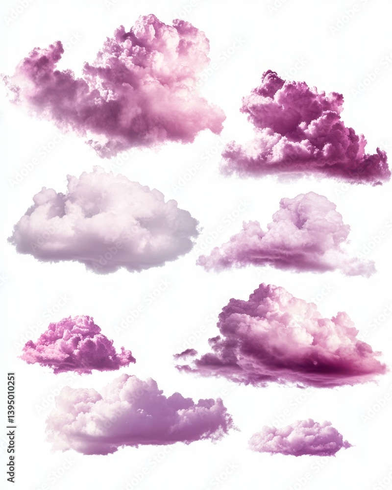 Poster ethereal collection of pink clouds against white backdrop creating a dreamy and atmospheric sky scen
