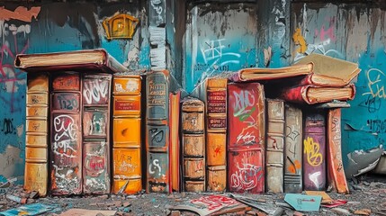 Row of books painted on a wall with graffiti in an urban setting.