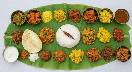 Vishu/Onam Sadya Traditional Kerala Feast on Banana Leaf. Kerala food.