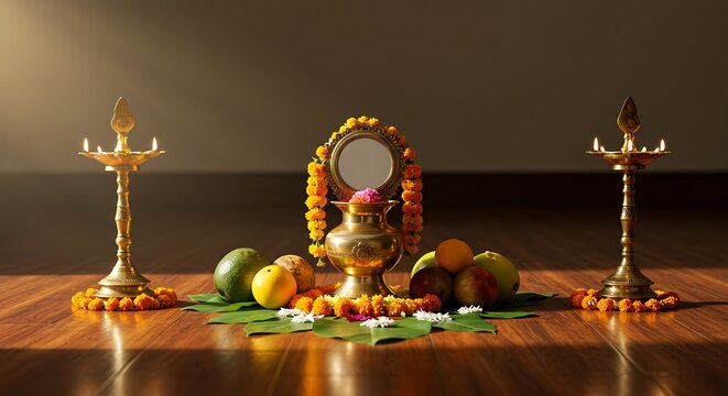 Vishu Kani Setup with Fruits, Mirror, and Traditional Lamps. Happy Vishu.