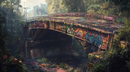 Old bridge with graffiti spans a river surrounded by lush green trees.