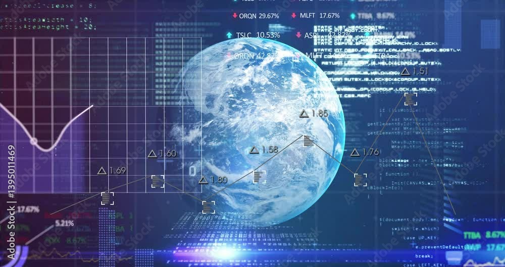 Poster financial data and graphs overlaying digital network background with earth animation