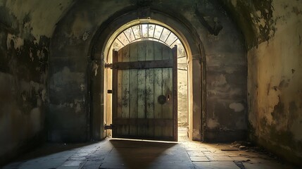 Obraz premium A Glimmer of Hope: Light Streaming Through an Ancient Doorway