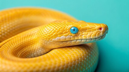 Vibrant yellow snake with striking blue eyes on turquoise background. Created with Ai