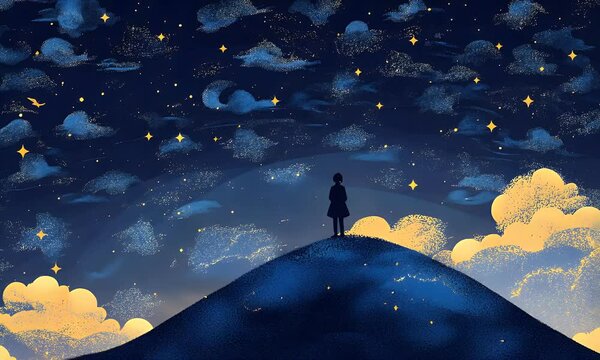Silhouetted figure stands atop a mountain above a glowing cloudscape, gazing into a majestic, star-filled galactic night sky.