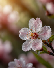 Obraz premium Ultra-Detailed Macro Close-Up of Cherry Blossom at Golden Hour with Soft Bokeh