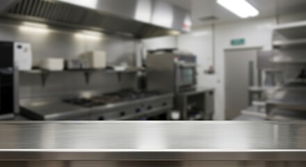 Empty Metal Countertop with Blurred Commercial Kitchen Background for Food Presentation