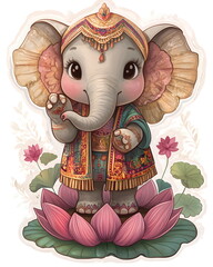 Obraz premium A delightful sticker of an Indian elephant with colorful painted patterns and raised trunk, drawn in soft pastel tones with flat colors, clean outline, bold lines, and white border for charm.