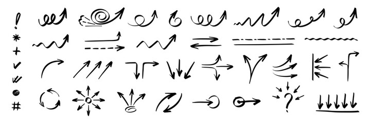 Hand drawn vector arrows set. Sketch with marker, brush or ink.