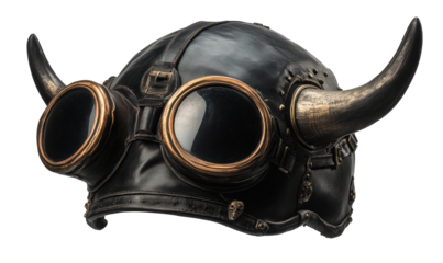 Dark motorcycle helmet with horns and goggles