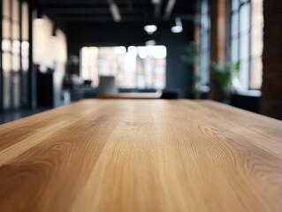 Clean wooden table surface in modern office space with blurred background and natural light creating a sense of calm and productivity