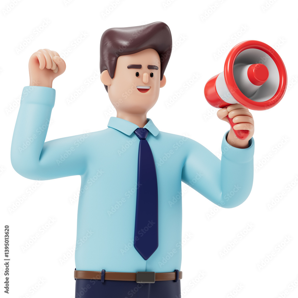 Poster man with megaphone and raised fist, symbolizing announcement or motivation. 3d rendering, conceptual