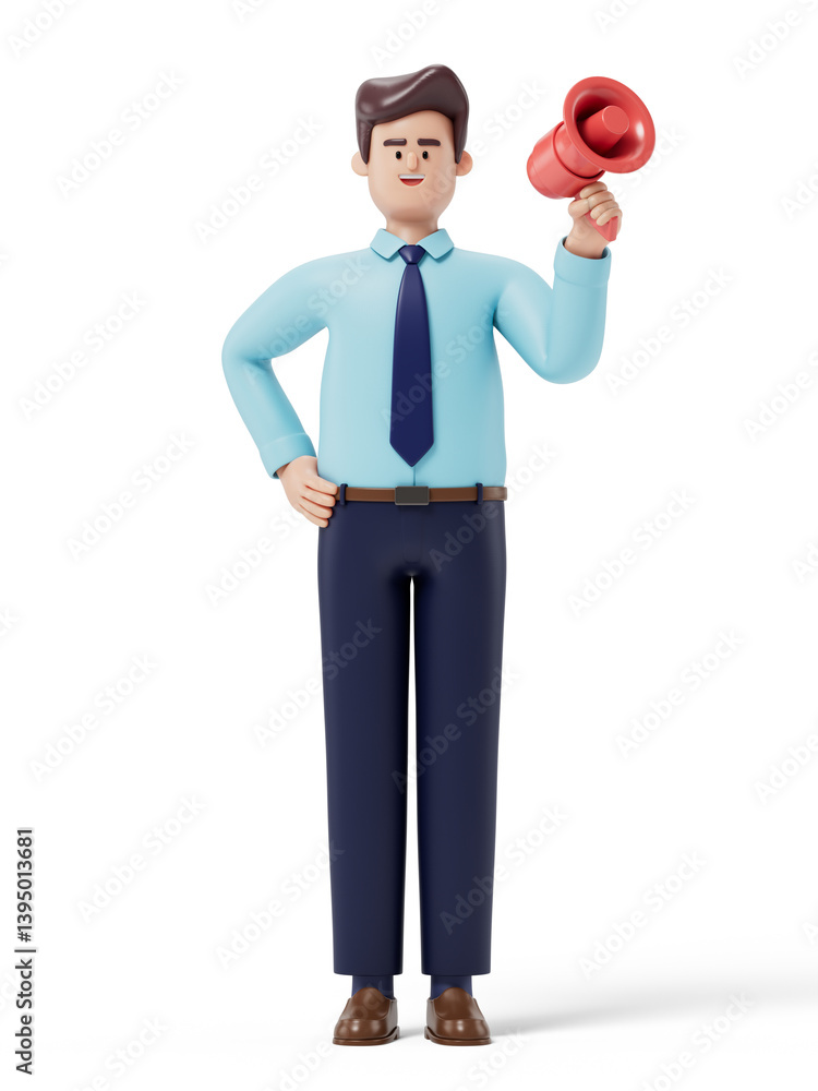 Poster man with megaphone and raised fist, symbolizing announcement or motivation. 3d rendering, conceptual
