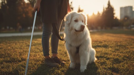 A man with a white guide dog walking in the park during sunset.