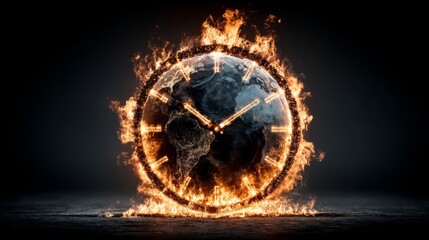 Clock on fire with Earth inside depicting urgency, time passing rapidly, global crisis, and climate change challenges in a dramatic visual interpretation