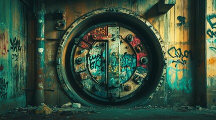 Circular metal door or portal with colorful graffiti in an urban setting.