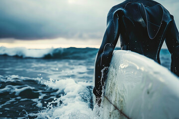 Surfer walking into ocean with surfboard during golden sunset, preparing for an adventurous ride – generative ai