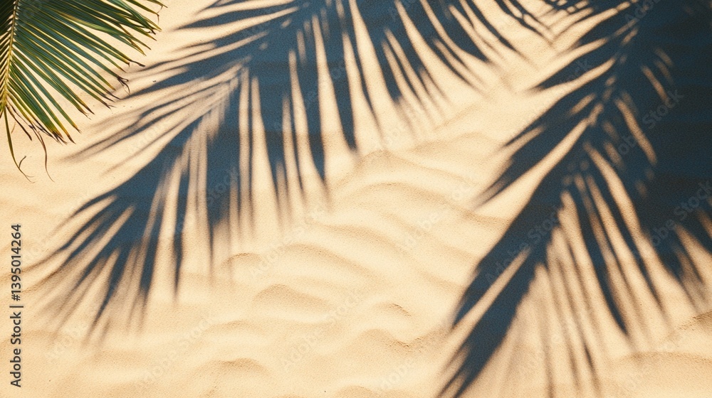 Wall mural serene tropical beach scene with soft palm leaf shadows casting intricate patterns on smooth, undula