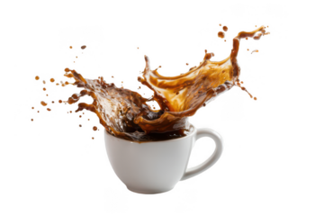 a coffee splash in a white cup, isolated on a white background, png