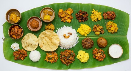 Traditional Kerala Sadya Meal for Vishu, onam on Banana Leaf. Kerala food.