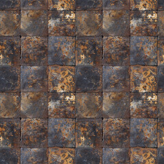 Rustic tile metal texture with rusty grunge brown steel old iron