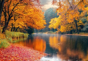 Obraz premium A river surrounded by trees with yellow leaves reflects in the water