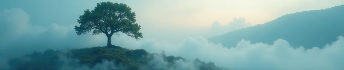 Tree rises above mist or fog in a mystical atmosphere, mystical, ethereal, dreamy