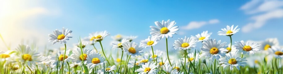 A field of daisies under a blue sky with the sun shining