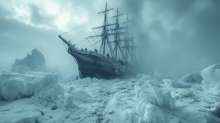 Obraz premium A frozen ancient ship amidst glaciers and mist captures a moment of solitude and endurance
