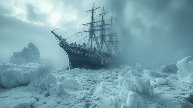 A frozen ancient ship amidst glaciers and mist captures a moment of solitude and endurance