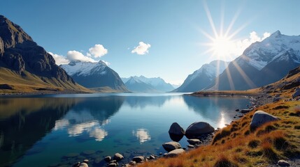 Scenic panoramic view of Norway under sunny midday skies, capturing the landscape in vibrant detail.