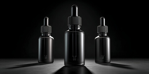 Three black glass bottles with droppers, displayed against a dark background, showcase elegance and minimalist design, ideal for product presentation or advertising