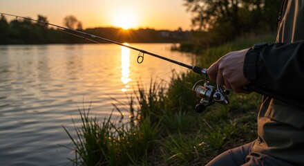 Obraz premium Golden sunset illuminates peaceful riverside fishing scene. AI Generated