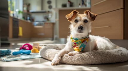 Cute white dog wearing a bright bandana lying on a soft pillow in a light colored kitchen.