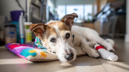 A small, elderly, mixed-breed dog with a bandage on its leg, with a brown and white coat, rests on a colorful pillow in a bright, modern kitchen. 