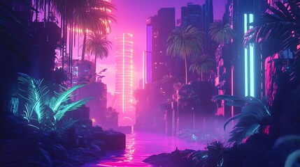 A futuristic glowing jungle with vibrant hues and radiant plants 