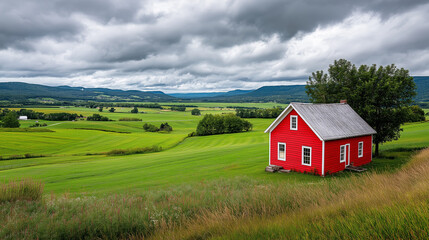 A vibrant red house in lush green fields with dramatic clouds and sunlight