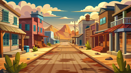 Obraz premium Abandoned Western town street with dusty road and wooden buildings in the late afternoon