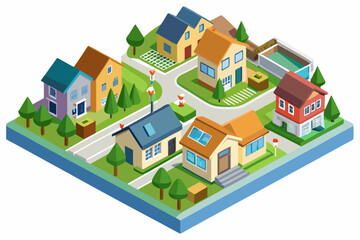  Isometric Suburban Neighborhood with Houses isolated on a white background
