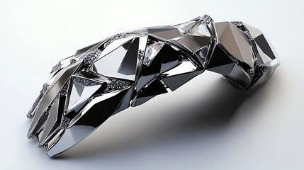 A futuristic hand bracelet with interlocking geometric shapes, accented by sleek metal and strategically placed diamonds 