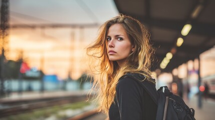 Young  woman with long blonde hair stands at a train station during sunset. She wears a black hoodie and carries a backpack.