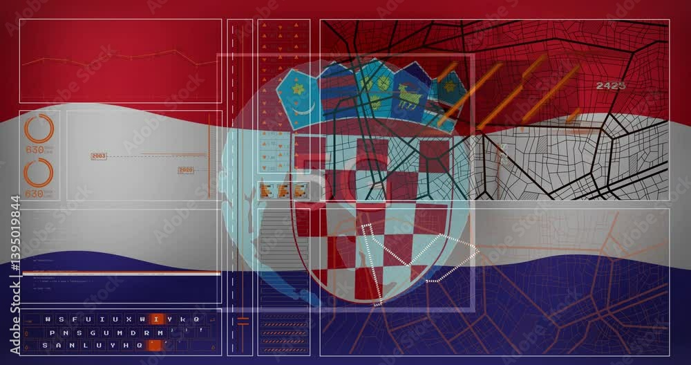 Poster digital animation overlaying croatian flag with network connections and map graphics